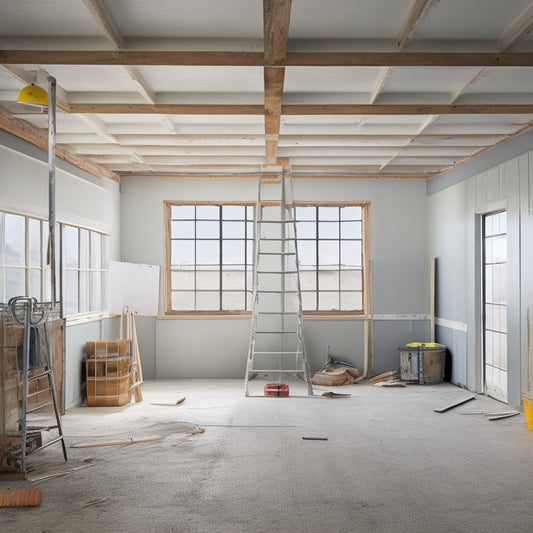 An empty room with a dropped ceiling, exposed ductwork, and torn-out drywall, surrounded by tools and construction materials, with a ladder leaning against the wall and a hard hat on the floor.