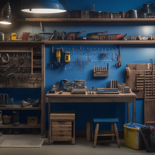 A tidy, well-lit workshop with a pegboard displaying neatly arranged tools, a compact toolbox with labeled compartments, and a miniature workbench with a small renovation project in progress.