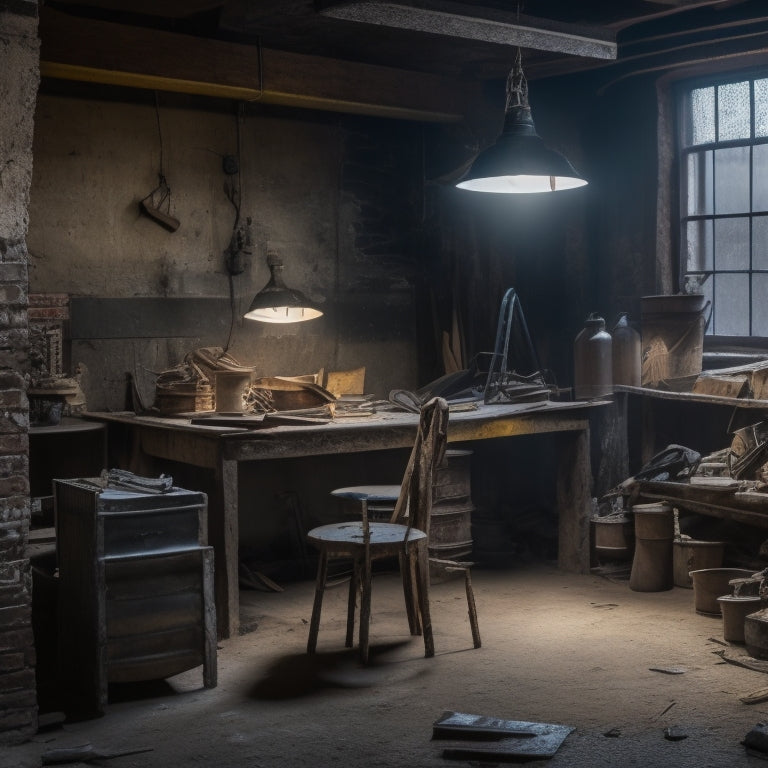 A dimly lit, worn-out room with crumbling walls, rusty pipes, and a broken ladder, contrasted with a renovated space in the background, featuring a bright, organized, and safe work environment.
