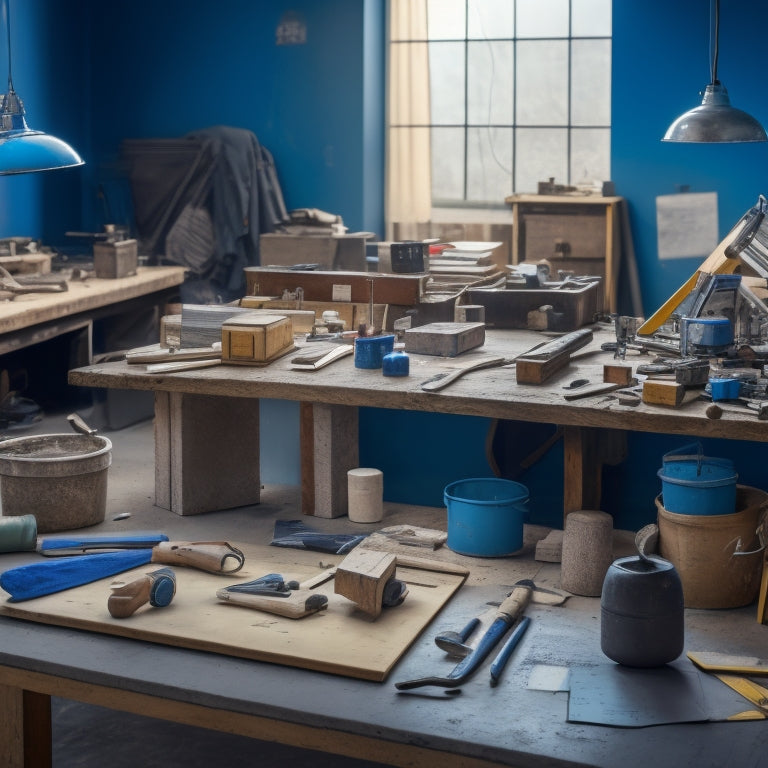 A cluttered workshop table with scattered blocks, trowels, levels, and various hand tools, surrounded by half-finished renovation projects and architectural blueprints in the background.