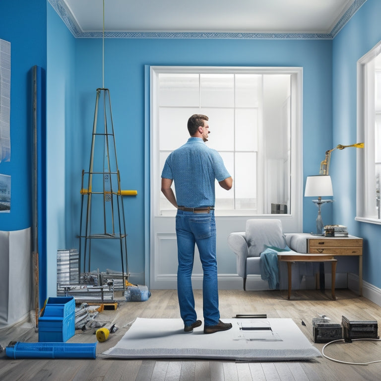 An illustration of a person standing in a semi-renovated room, surrounded by blueprints, calculators, and sealant tubes, with a large measuring tape stretching from wall to wall.