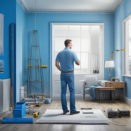 An illustration of a person standing in a semi-renovated room, surrounded by blueprints, calculators, and sealant tubes, with a large measuring tape stretching from wall to wall.