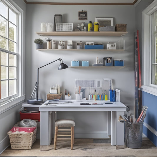 A beautifully organized workspace with various sealing accessories, including a caulking gun, tubes of caulk, weatherstripping, and a sealant applicator, against a background of a partially renovated home.