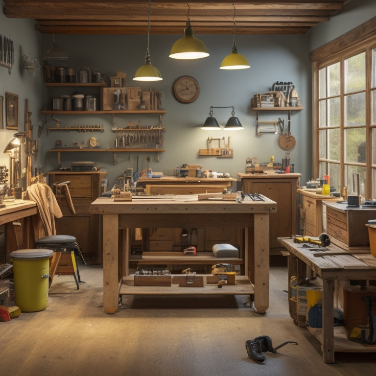 A clutter-free, well-lit workshop with a wooden workbench in the center, surrounded by various precise measuring tools, including a tape measure, level, and caliper, with a subtle hint of a renovation project in the background.