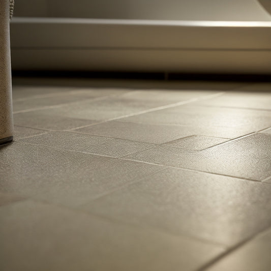 A well-lit, close-up shot of a grout float with a worn grip and a few dried grout streaks on its rubber edge, sitting on a newly tiled bathroom floor with a few stray grout lines.