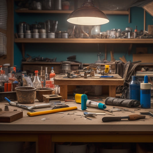 A cluttered workbench with various sealant application tools scattered around, including a caulk gun, silicone gun, and chisel, surrounded by tubes of sealant and a half-finished renovation project in the background.