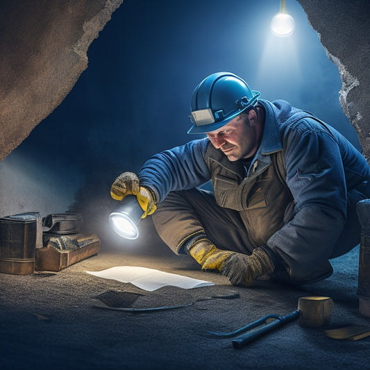 An illustration of a person in a hard hat and gloves, kneeling beside a cracked wall, inspecting it with a flashlight and magnifying glass, surrounded by scattered tools and a blueprint.