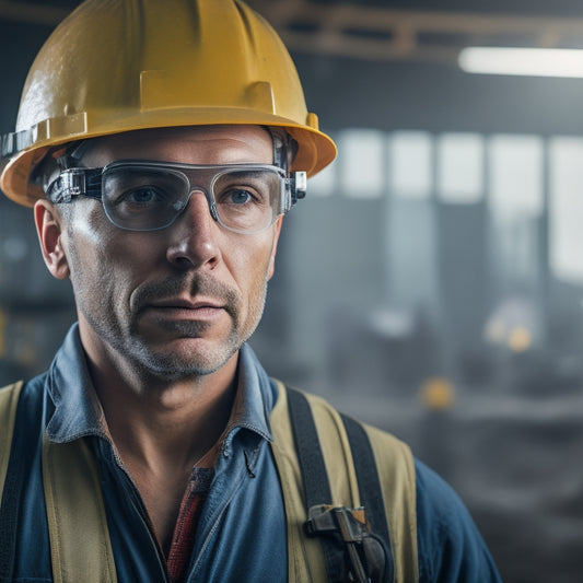 A person wearing a hard hat, safety goggles, dust mask, and work gloves, standing in a room filled with construction tools and materials, with a look of confidence and preparedness on their face.