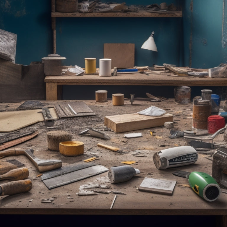 A cluttered workshop table with various plasterboard tools, including a utility knife, taping knife, joint knife, drill, and sanding block, surrounded by scattered plasterboard sheets and dusty renovation debris.