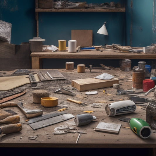 A cluttered workshop table with various plasterboard tools, including a utility knife, taping knife, joint knife, drill, and sanding block, surrounded by scattered plasterboard sheets and dusty renovation debris.
