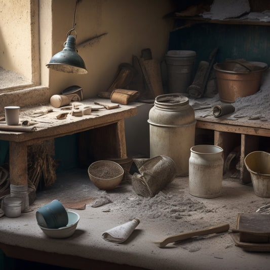 A messy workspace with scattered plastering tools, a bucket with dried plaster, and a wall with uneven, cracked, and bubbled plaster surfaces, surrounded by dust and debris.