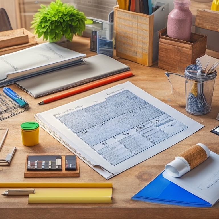 An organized workspace with a large, rolled-out blueprint of a house, surrounded by various renovation materials, and a calculator, pencil, and notebook with a budget breakdown on a clutter-free wooden desk.