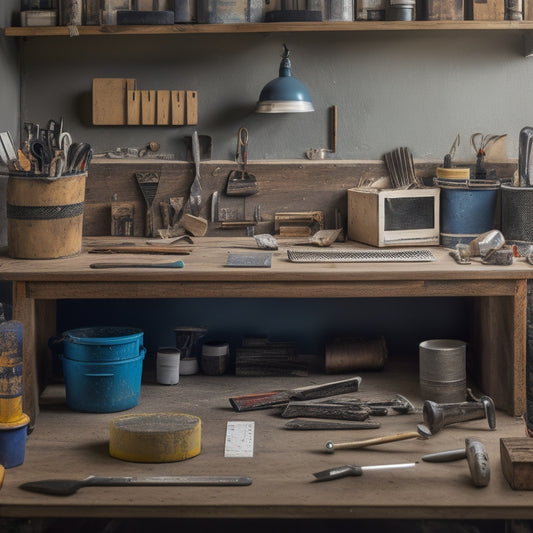 A cluttered but organized workspace with various tools and materials scattered on a workbench, including a level, trowel, joint compound, drywall screws, and a putty knife, against a partially renovated wall backdrop.