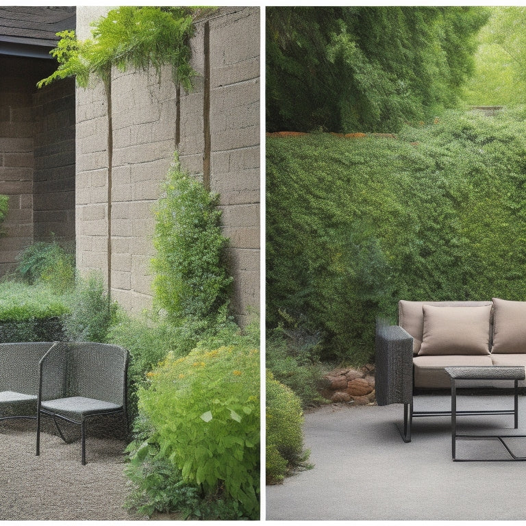 A before-and-after split-screen image: a worn, crumbling cinder block wall with overgrown weeds and rusty metal gates on the left, transformed into a sleek, painted wall with modern outdoor furniture on the right.