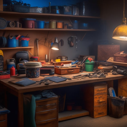 A cluttered workspace with scattered tools, surrounded by half-finished renovation projects, with a spotlight shining on a organized toolbox filled with a tape measure, level, and hammer.