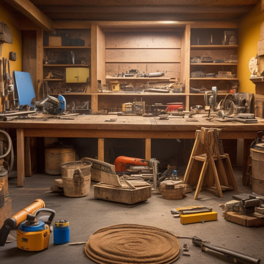 A cluttered workshop with various tools scattered around, including a circular saw, tape measure, level, drill, and flooring nailer, surrounded by wooden planks, tiles, and flooring samples.