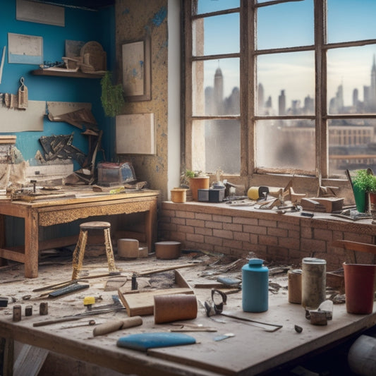 A cluttered living room with torn wallpaper, broken tiles, and scattered tools, featuring a prominent "Pointing Tool" on a workbench, surrounded by renovation materials and a cityscape outside the window.
