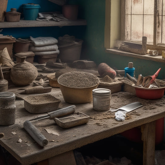 A cluttered but organized workbench with various plastering tools, including a hawk, trowel, joint knife, and bucket, surrounded by scattered plaster crumbs and a partially plastered wall in the background.