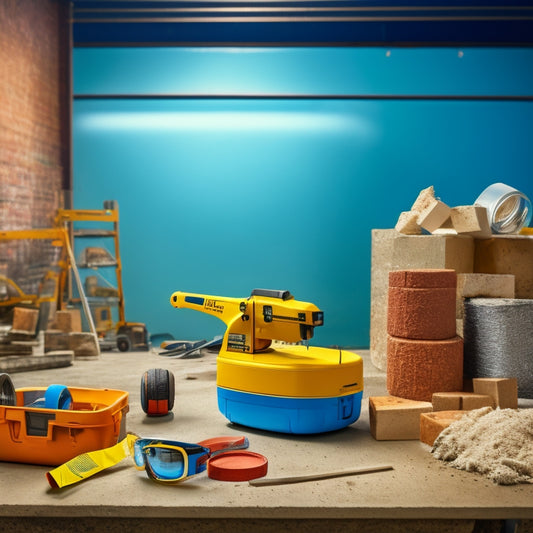 A cluttered workshop backdrop with a concrete block saw centered, surrounded by scattered concrete blocks, safety goggles, and a measuring tape, with a faint renovation site scenery in the background.