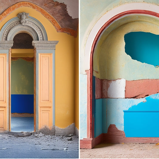 A split-screen illustration showing a dilapidated wall on the left, with cracks, peeling paint, and damaged plaster, transitioning to a renovated wall on the right, with a smooth finish, new paint, and decorative molding.