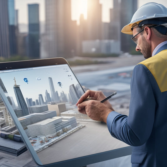 An illustration of a person holding a tablet with a 3D floor plan, surrounded by construction materials, tools, and a cityscape in the background, with a subtle grid pattern and architectural lines.