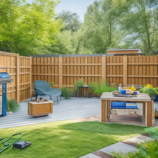A sunny backyard with a partially renovated outdoor living space, featuring a hammer, tape measure, and safety goggles on a wooden workbench, surrounded by lush greenery and a faint outline of a house.