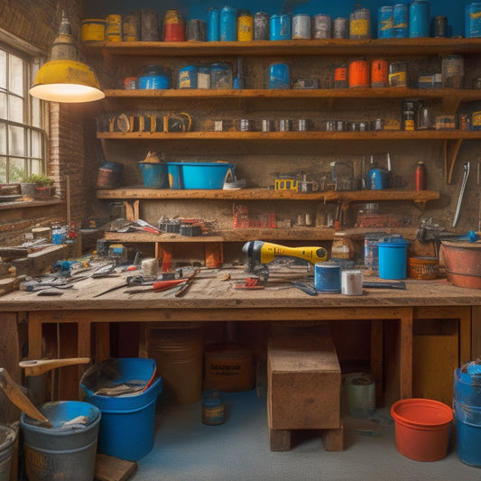 A cluttered workbench with various mixing tools, including a cordless drill, mixing paddles, buckets, and a level, surrounded by renovation materials like drywall, paint cans, and lumber.