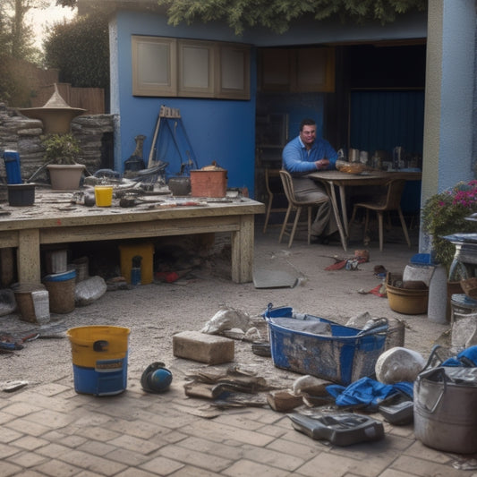 A cluttered patio with scattered tools, broken tiles, and a half-finished renovation project, surrounded by discarded materials and a surprised homeowner in the background, gesturing at a calculator.
