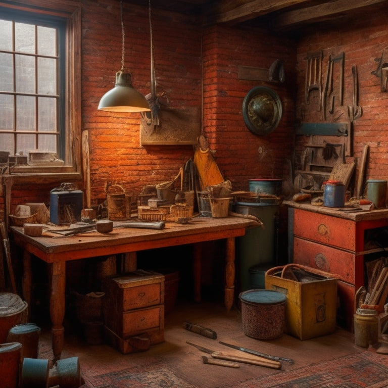 A cluttered, old-fashioned room with worn wooden floors, peeling wallpaper, and outdated fixtures, surrounded by scattered tools like pry bars, hammers, and screwdrivers, amidst a backdrop of exposed brick and wooden beams.