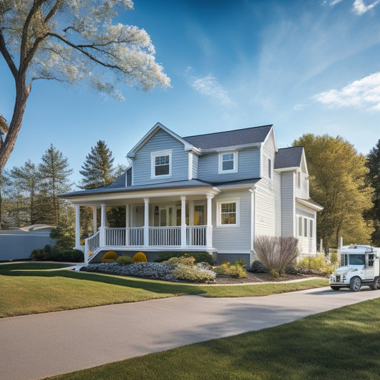 A serene suburban home with a mixture of original and renovated exterior elements, showcasing a partially torn-off siding, a dumpster, and a contractor's truck, set against a clear blue sky with fluffy white clouds.