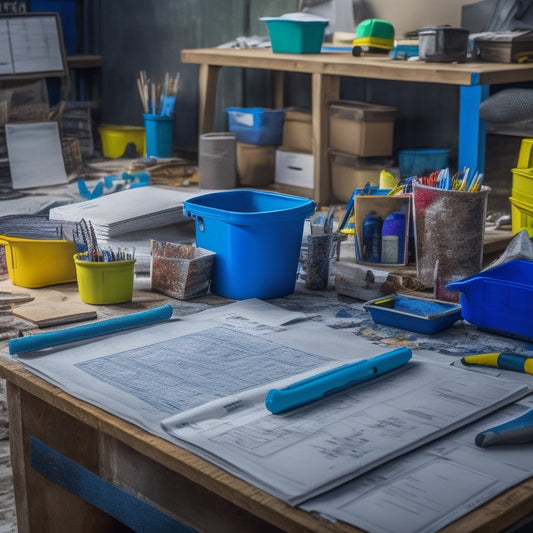 A messy construction site with scattered blueprints, tools, and building materials, transformed into an organized workspace with a large whiteboard, colorful sticky notes, and a laptop displaying a project management dashboard.