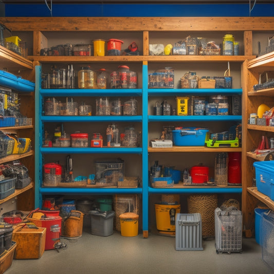 A clutter-free workshop with organized shelves, labeled bins, and hooks holding polyurethane injection tools, including guns, hoses, and nozzles, in a well-lit and tidy environment.