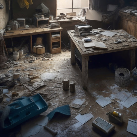 A messy room with torn-out flooring, exposed walls, and scattered renovation materials, with a measuring tape and calculator on a cluttered workbench in the center.