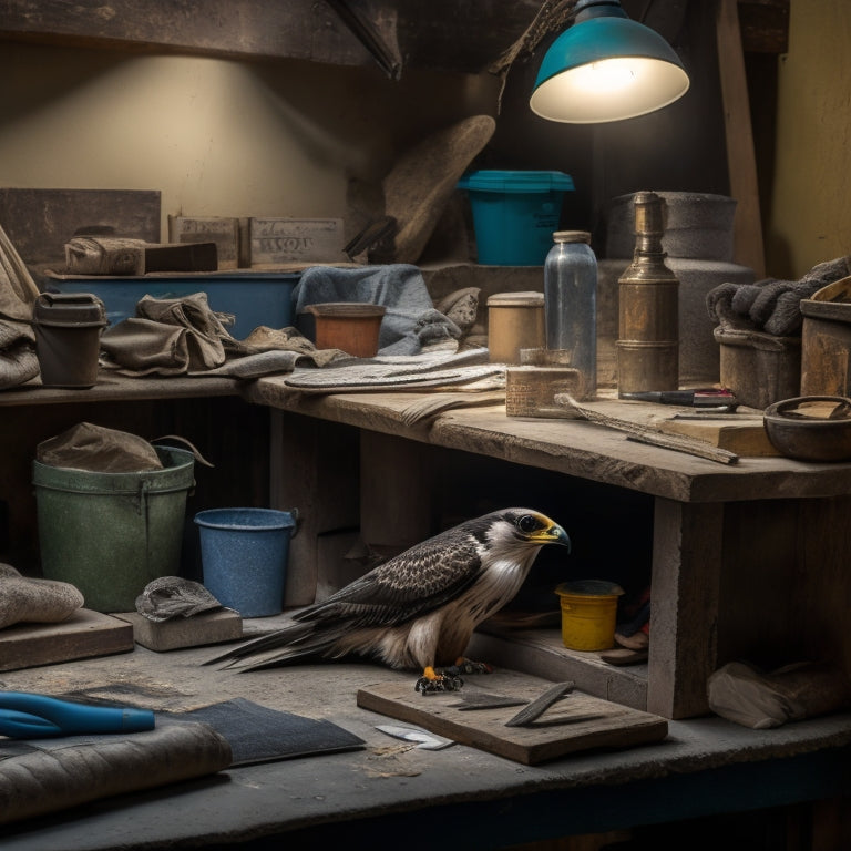 A cluttered, well-lit workbench with assorted plastering tools, including a hawk, trowel, and putty knife, surrounded by scattered bags of joint compound and sandpaper, with a partially plastered wall in the background.