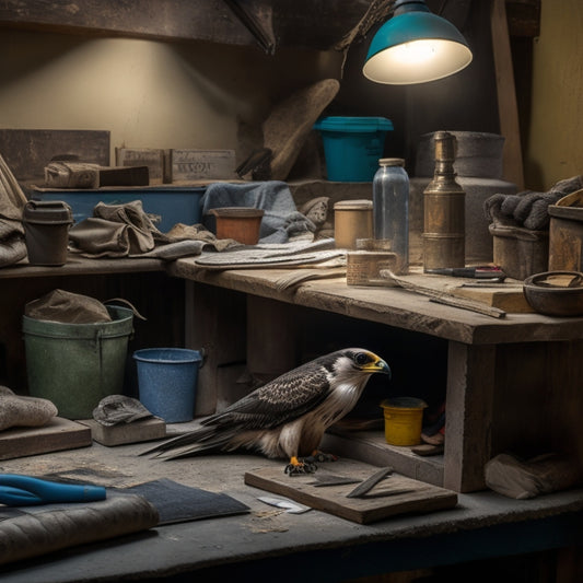A cluttered, well-lit workbench with assorted plastering tools, including a hawk, trowel, and putty knife, surrounded by scattered bags of joint compound and sandpaper, with a partially plastered wall in the background.