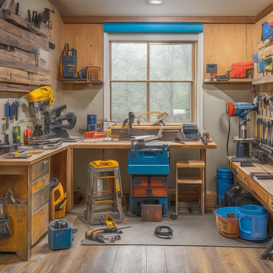 A cluttered but organized home renovation workspace with various tool rentals in the foreground, including a circular saw, drill press, and impact driver, surrounded by half-finished DIY projects and scattered tools.