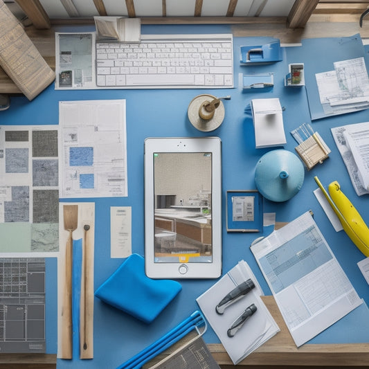 A cluttered home renovation workspace with an iPad in the center, surrounded by blueprints, paint swatches, and construction tools, with a subtle hint of a 3D floor plan on the iPad screen.
