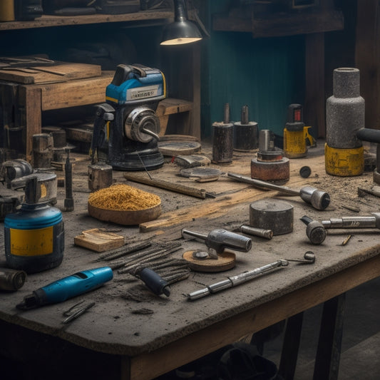 A cluttered workshop table with various drilling tools scattered around, including a cordless drill, impact driver, and bits, surrounded by renovation materials like wooden planks and pipes.