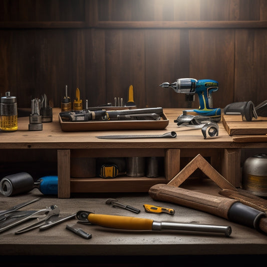 A well-organized workbench with a hammer, tape measure, level, pliers, screwdrivers, wrenches, and a cordless drill, arranged against a clean, wood-grain background with subtle shadows and warm lighting.