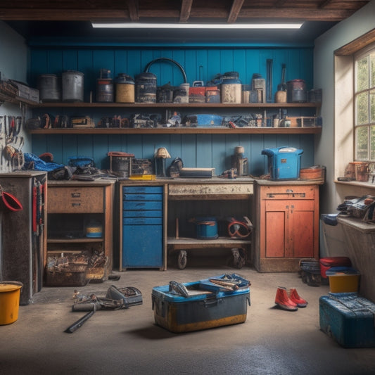 A cluttered garage with tools scattered on the floor, contrasted with a tidy toolbox in the corner, and a partially renovated room in the background with a hammer leaning against a wall.