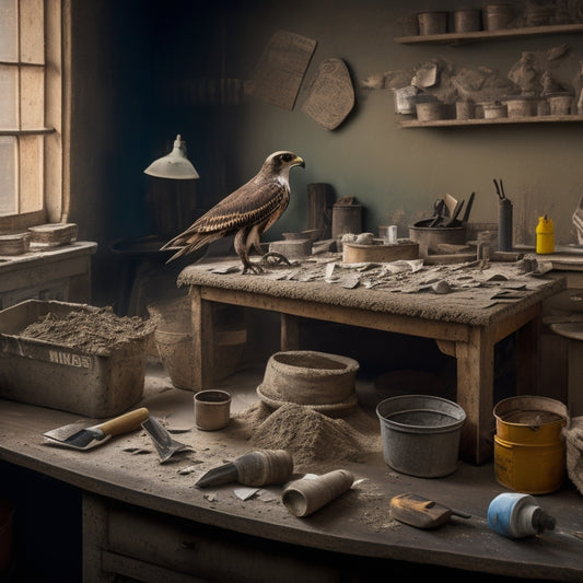 A cluttered, well-lit workshop table with a variety of organized plastering tools, including a hawk, trowel, joint knife, and mixing bucket, surrounded by scattered plaster dust and renovation materials.