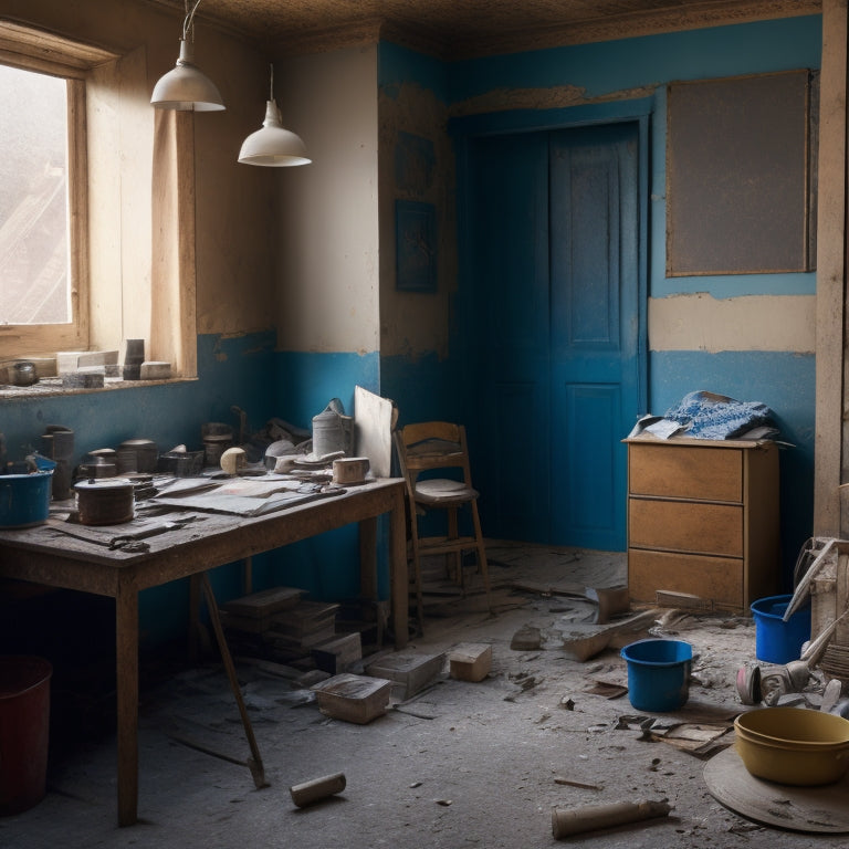 A dusty, worn-out room with broken furniture and torn wallpaper, surrounded by renovation tools and materials, with a subtle hint of a blueprint or design plan in the corner.