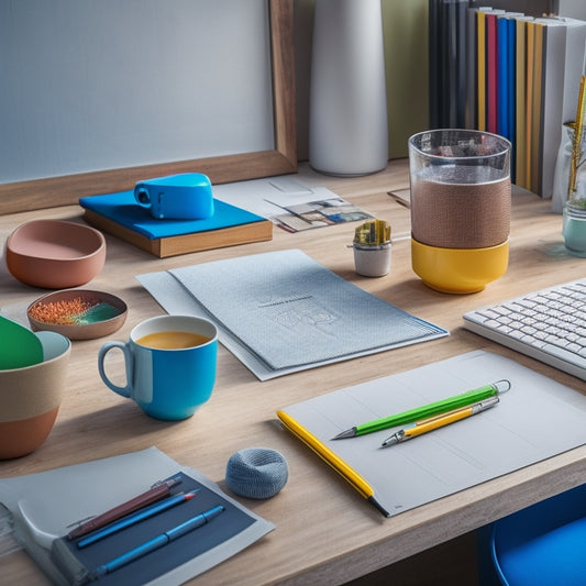 A tidy, modern desk with a rolled-out architectural plan, a cup of steaming coffee, and several colorful pens and pencils, surrounded by neatly organized folders and tabs, with a subtle background of a renovation site.