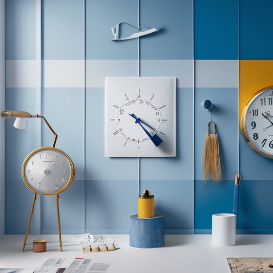 A minimalist illustration of a blank wall with a clock or calendar in the center, surrounded by various renovation elements like paint swatches, hammers, and blueprints.
