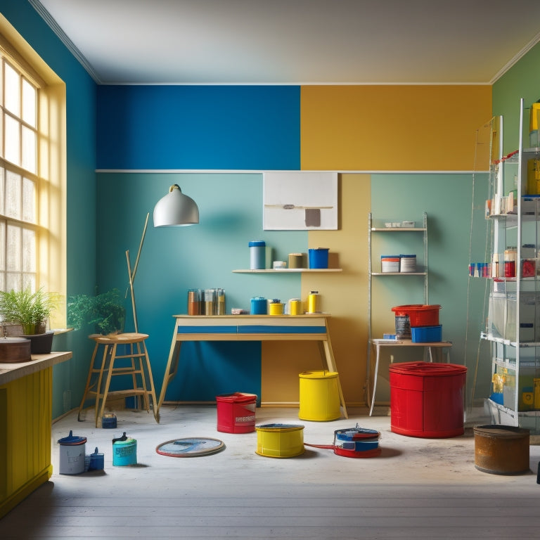 A tidy, well-lit room with multiple painted swatches on a large, white, peeling wall, surrounded by paint cans, rollers, and brushes in various colors and finishes.