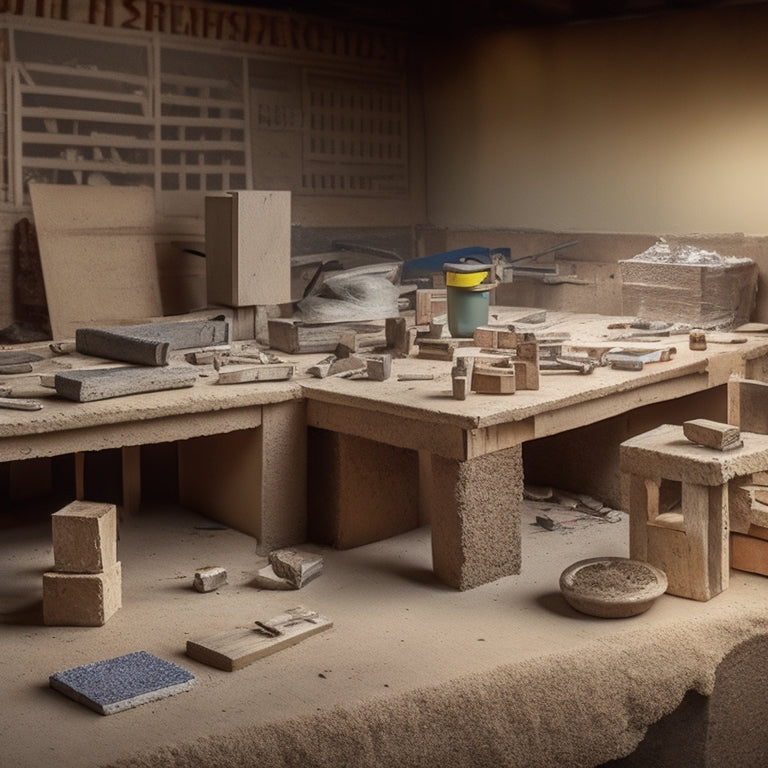 A cluttered workbench with a level, trowel, spirit level, and jointer lying horizontally, surrounded by scattered blocks, sand, and mortar, with a faint background of a half-built wall.