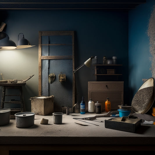 A well-lit, clutter-free workshop background with various spackling compounds, putty knives, and a partially repaired wall with different textures and finishes, showcasing before-and-after renovation scenarios.