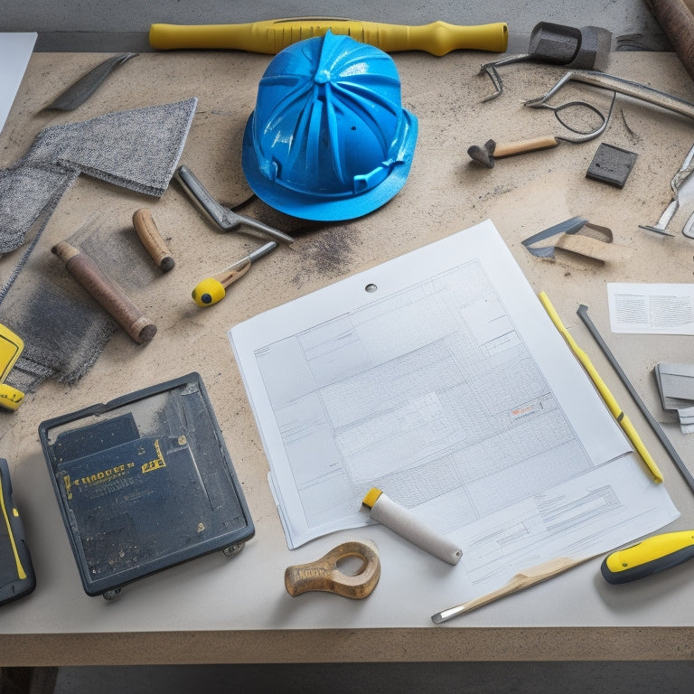 An illustration of a modern home renovation site with various tools and devices scattered around, including a tablet with a blueprint, a hard hat, a hammer, and a level, surrounded by chaos and debris.