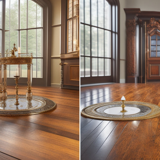 A split-screen image: on the left, a freshly applied sealant on a wooden floor, glistening and wet, with a clock in the background showing 10 minutes; on the right, the same floor with a dry, matte finish, clock showing 30 minutes.