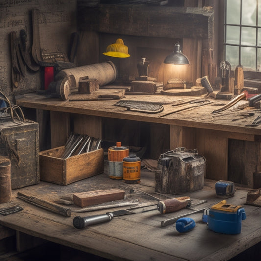 A cluttered workbench with a mix of old and new renovation tools, including a cordless drill, level, tape measure, and wrench, surrounded by scattered blueprints, wooden planks, and toolboxes.